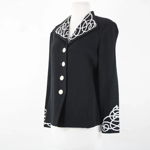 St John Evening Sz 8 Black White Paillette Rhinestones Santana Knit Jacket